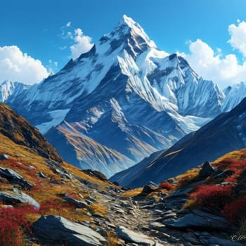 Serene painting capturing majesty of mountains, trees silhouetted against vibrant sunset. For meditation, mindfulness materials. Interior decor in spaces aiming for peaceful ambiance, natural beauty