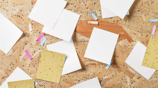 A bunch of papers with sticky notes on them are scattered around