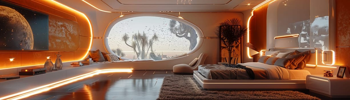 Futuristic bedroom with dynamic lighting and modular furniture8K