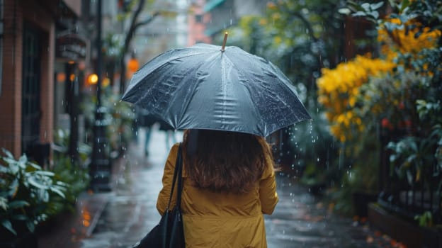 A woman walking down a street with an umbrella in the rain