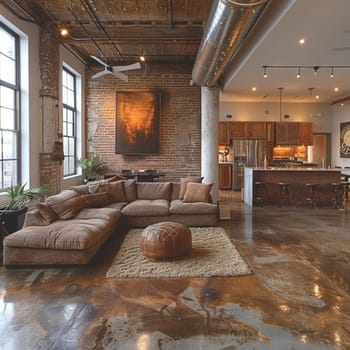 Industrial loft living space with exposed ductwork and concrete floorsup32K HD