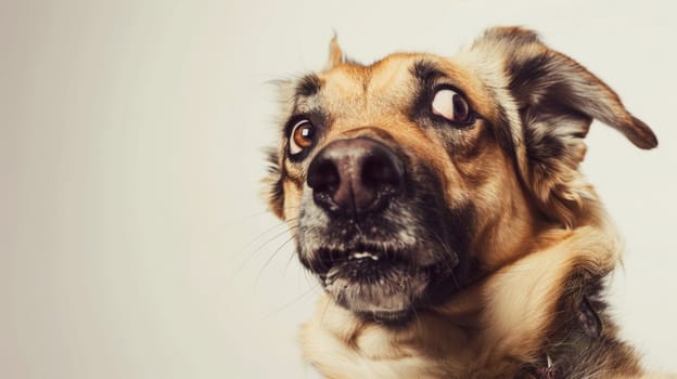 A dog with a big smile on his face looking up