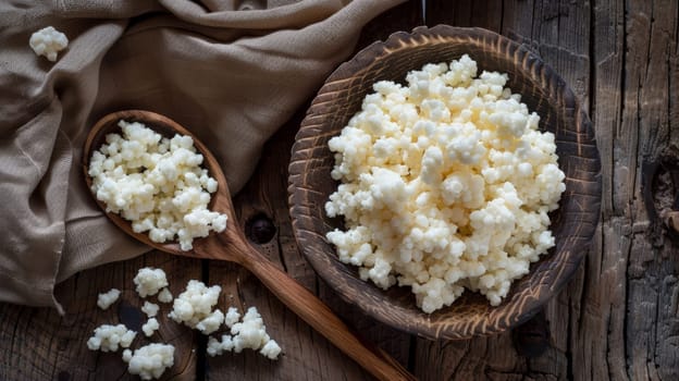 A bowl of cottage cheese and a wooden spoon on top