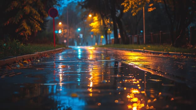 A wet road with street lights and a tree in the background