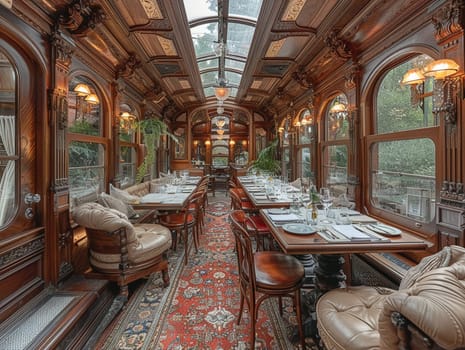 Vintage train car dining experience with period details and intimate seatingsuper detailed