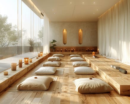 Peaceful yoga studio with natural wood floors and calming colorsHyperrealistic