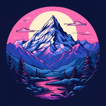Serene illustration of Nepal mountains, river enclosed within circular frame, depicting natural beauty, tranquility. Logo design outdoor adventure travel agency, nature themed website, media banner