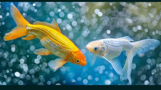 Two goldfish are swimming in a pond with bubbles