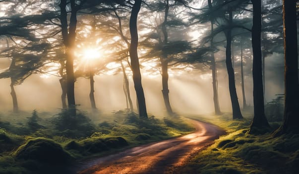 Serene beauty of a misty forest at sunrise, with the soft light filtering through the trees creating a magical atmosphere