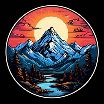 Illustration of Nepal mountains, river enclosed within circular frame, depicting natural beauty, tranquility. Printed on merchandise like tshirts, mugs, notebooks for nature lovers, travel brochures