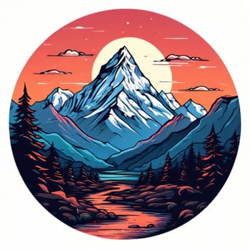 Serene illustration of Nepal mountains, river enclosed within circular frame, depicting natural beauty, tranquility. Logo design outdoor adventure travel agency, nature themed website, media banner