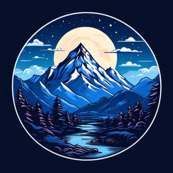 Illustration of Nepal mountains, river enclosed within circular frame, depicting natural beauty, tranquility. Printed on merchandise like tshirts, mugs, notebooks for nature lovers, travel brochures
