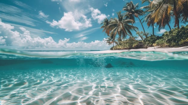 A view of the ocean from under water with palm trees