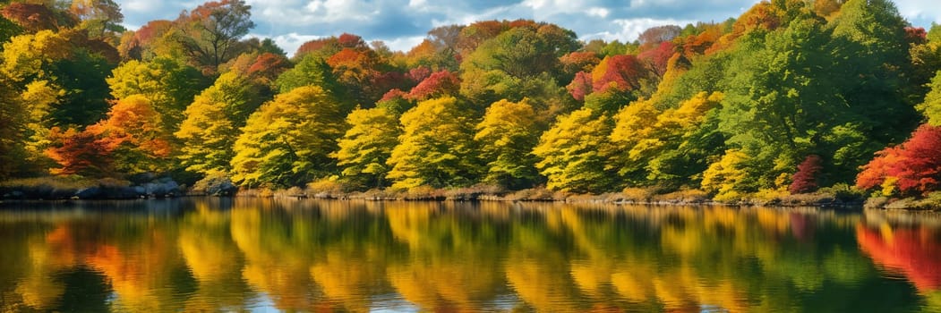 Colorful palette of autumn by focusing on a tranquil lake reflecting the vibrant foliage of surrounding trees on a sunny day