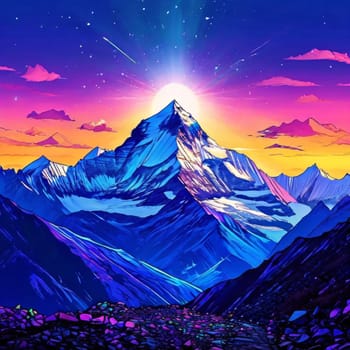 Serene painting capturing majesty of mountains, trees silhouetted against vibrant sunset. For meditation, mindfulness materials. Interior decor in spaces aiming for peaceful ambiance, natural beauty