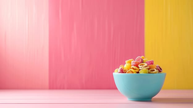 A bowl of cereal sitting on a table in front of colorful walls