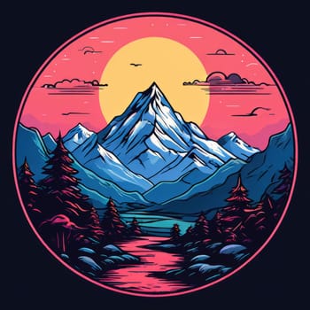 Serene illustration of Nepal mountains, river enclosed within circular frame, depicting natural beauty, tranquility. Logo design outdoor adventure travel agency, nature themed website, media banner