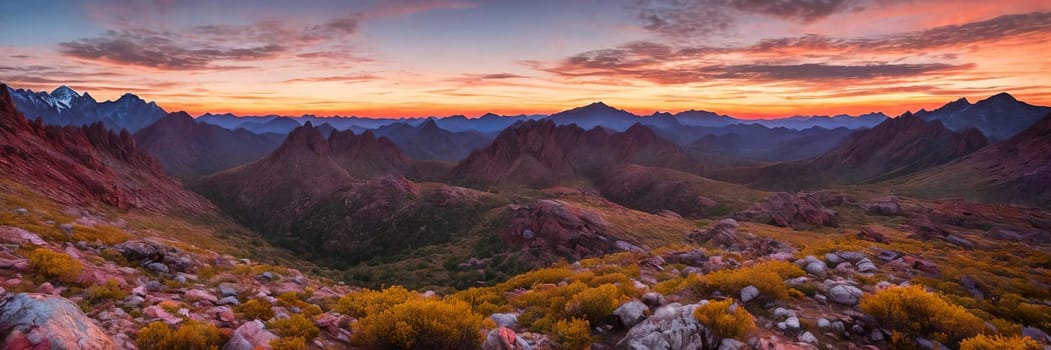 Rugged beauty of a mountain range at golden hour, with the sun setting in the background painting the sky in hues of orange and pink