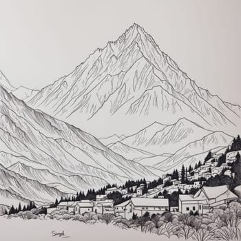 Serene black, white painting capturing majestic Nepal mountains, lush trees in harmonious contrast. Printed on merchandise like tshirts, mug, notebooks for nature lovers, travel brochures, print, logo