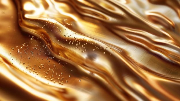 A close up of a shiny gold fabric with some water droplets