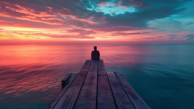 A person sitting on a dock at sunset looking out over the water