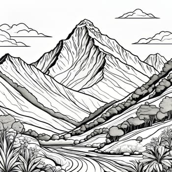 Stunning black, white drawing of majestic mountain range. Various contexts such as travel brochures, website banners for adventure tourism, in articles about road trips through mountainous regions