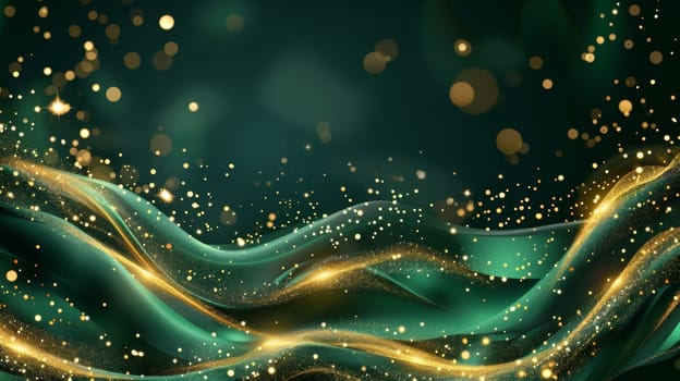 A green and gold background with sparkling lights
