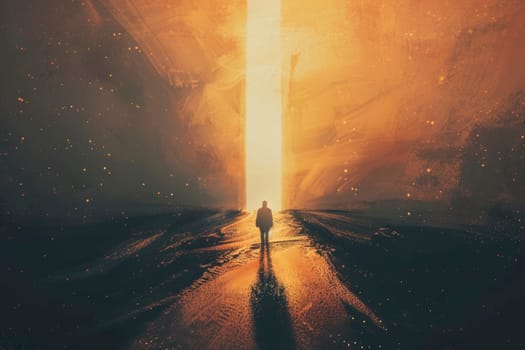 A lone figure stands at the intersection of light and shadow, contemplating a path illuminated by a sunset's glow. The contrast of the looming cliffs and the inviting trail underscores a moment of decision