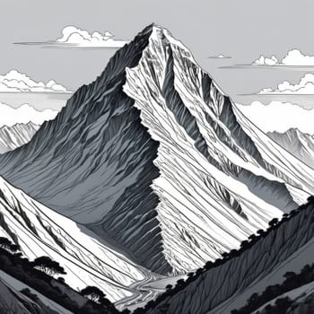 Stunning black, white drawing of majestic mountain range. Various contexts such as travel brochures, website banners for adventure tourism, in articles about road trips through mountainous regions