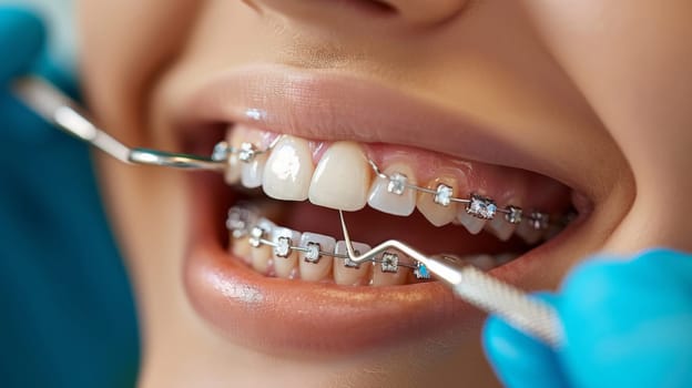 A close up of a person with braces getting their teeth cleaned