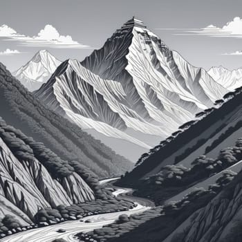 Stunning black, white drawing of majestic mountain range. Nature themed publications, website, travel brochure, meditation app, even as decorative piece in home, offices to evoke sense of tranquility
