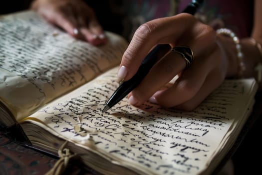 Close-up of a hand penning down reflections in a journal evokes the charm of handwritten notes. The timeless act of writing bridges past and present