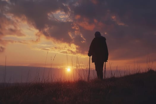 A solitary person with Parkinson's disease stands contemplatively against a vibrant sunset sky. The peaceful scenery contrasts with the individual's personal challenges, evoking a sense of resilience and hope