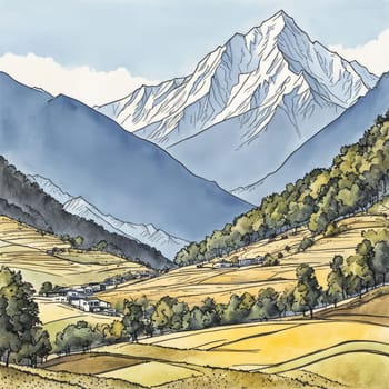 Serene painting capturing majesty of mountains, trees silhouetted against vibrant sunset. For meditation, mindfulness materials. Interior decor in spaces aiming for peaceful ambiance, natural beauty
