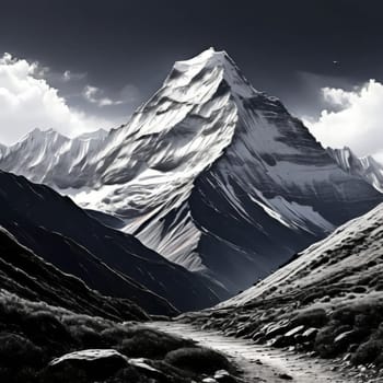 Stunning black, white drawing of majestic mountain range. Nature themed publications, website, travel brochure, meditation app, even as decorative piece in home, offices to evoke sense of tranquility