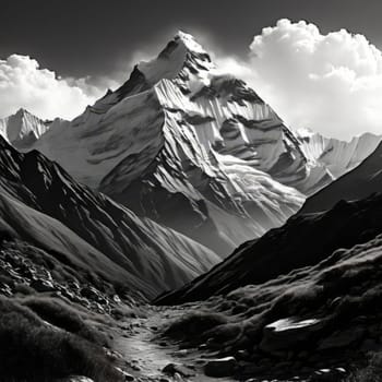 Serene black, white painting capturing majestic Nepal mountains, lush trees in harmonious contrast. Logo design for outdoor adventure travel agency, nature themed website, social media banner, print