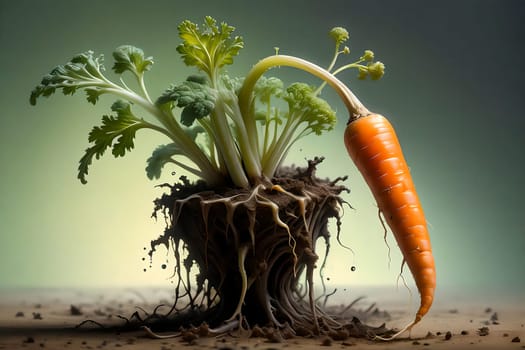 Long carrots in the remains of the soil, with green tops . AI generated image.