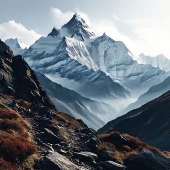 Scenic Nepal mountain road winding through majestic peaks in background. Various contexts such as art galleries, nature themed publications, educational materials on geography, inspirational posters