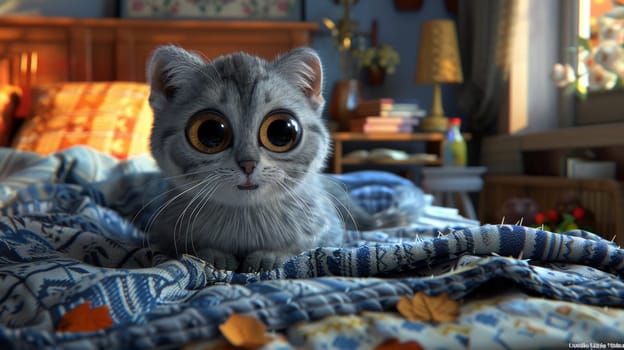 A gray cat with big eyes sitting on a bed