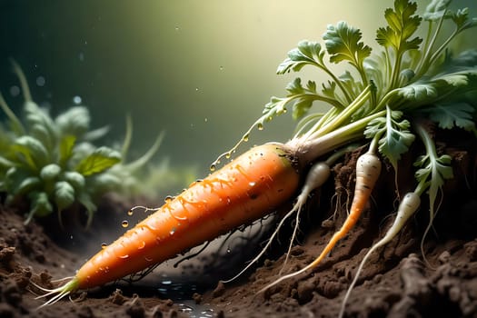Long carrots in the remains of the soil, with green tops . AI generated image.