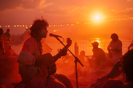 Musicians sit amidst a Holi celebration, their folk instruments harmonizing with the sunset. The scene is set against a field, evoking a deep connection to the land
