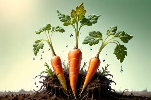 Long carrots in the remains of the soil, with green tops . AI generated image.