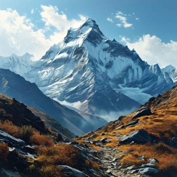 Scenic Nepal mountain road winding through majestic peaks in background. Various contexts such as art galleries, nature themed publications, educational materials on geography, inspirational posters