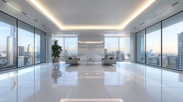 A large room with a lot of windows and white furniture