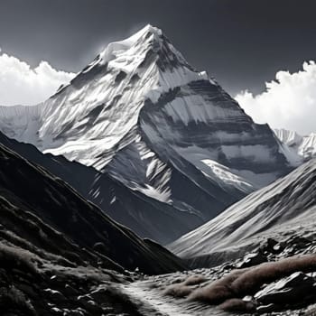 Serene black, white painting capturing majestic Nepal mountains, lush trees in harmonious contrast. Logo design for outdoor adventure travel agency, nature themed website, social media banner, print