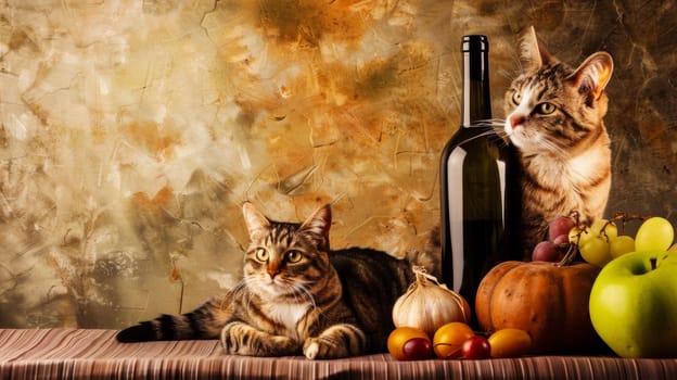 Two cats are sitting next to a bottle of wine and some fruit