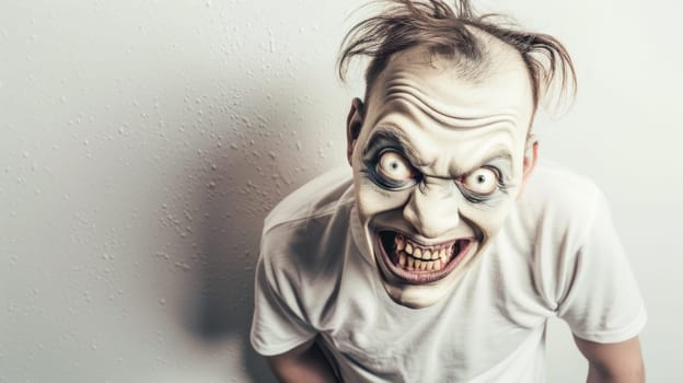 A man with a creepy face and white shirt posing for the camera