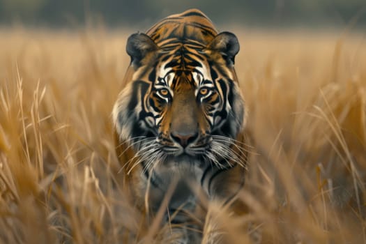 A Bengal tiger strides confidently through a dust-filled sunset. The image captures the beauty and might of an endangered species in its natural habitat