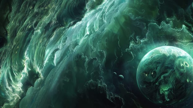 A green planet with a blue ring around it in the middle of space