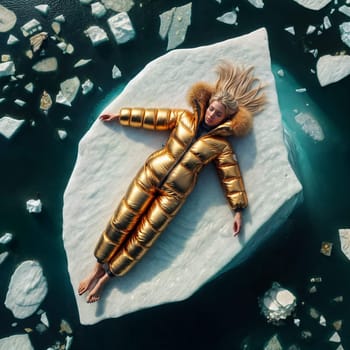 Woman in yellow golden puffer jacket lies on a block of ice alone in the middle of the ocean sea. Environmental issue, climate change agenda, AI generated